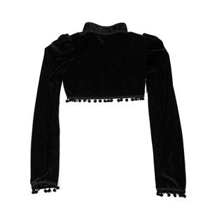 Medieval Gothic Black Velvet Stand Collar Long Sleeve Midriff Shrug Bolero with Pom-poms N19057