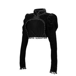 Medieval Gothic Black Velvet Stand Collar Long Sleeve Midriff Shrug Bolero with Pom-poms N19057