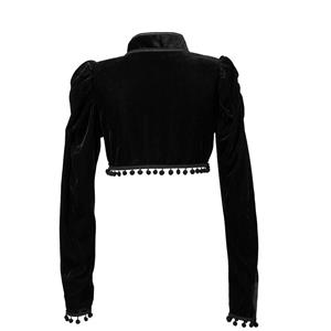 Medieval Gothic Black Velvet Stand Collar Long Sleeve Midriff Shrug Bolero with Pom-poms N19057