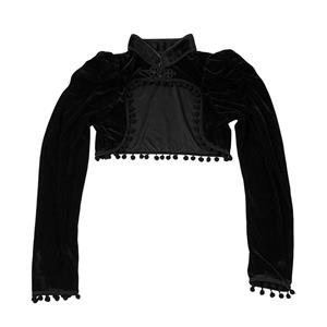 Medieval Gothic Black Velvet Stand Collar Long Sleeve Midriff Shrug Bolero with Pom-poms N19057