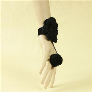 Gothic Black Velvet Wristband Rose Bracelet with Pompom Ring J18026