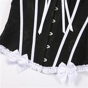 Black & White Vintage Corset with Front Lace-Up and White Bow Accents - Sweetheart Neckline Boned Bustier N23812