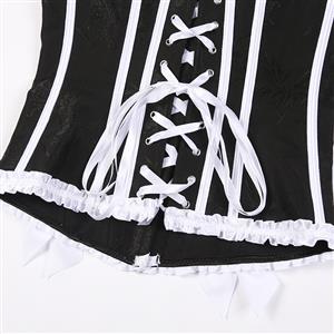 Black & White Vintage Corset with Front Lace-Up and White Bow Accents - Sweetheart Neckline Boned Bustier N23812