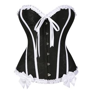 Black & White Vintage Corset with Front Lace-Up and White Bow Accents - Sweetheart Neckline Boned Bustier N23812
