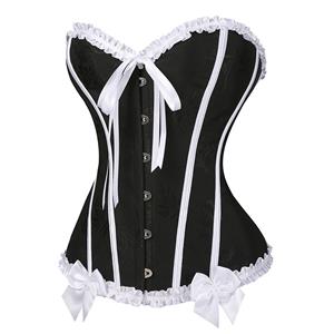Black & White Vintage Corset with Front Lace-Up and White Bow Accents - Sweetheart Neckline Boned Bustier N23812