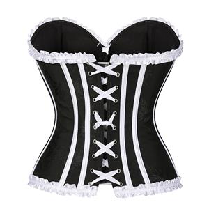 Black & White Vintage Corset with Front Lace-Up and White Bow Accents - Sweetheart Neckline Boned Bustier N23812