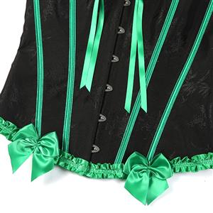 Gothic Black Vintage Corset with Neon Green Satin Trim - Lace-Up Boned Bustier for Women N23808
