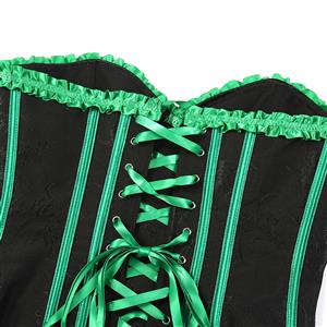 Gothic Black Vintage Corset with Neon Green Satin Trim - Lace-Up Boned Bustier for Women N23808