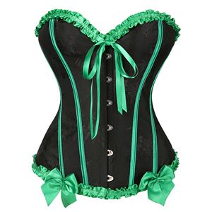 Gothic Black Vintage Corset with Neon Green Satin Trim - Lace-Up Boned Bustier for Women N23808