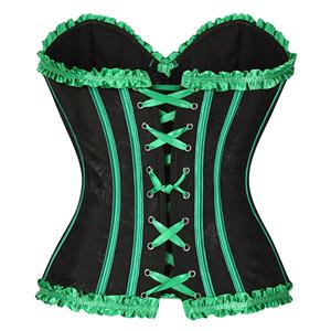 Gothic Black Vintage Corset with Neon Green Satin Trim - Lace-Up Boned Bustier for Women N23808