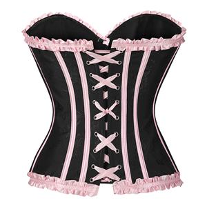 Vintage Style Black Bustier with Pink Ruffles & Lace-Up Front - Sweetheart Neckline Boned Corset Top N23811