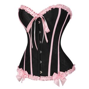 Vintage Style Black Bustier with Pink Ruffles & Lace-Up Front - Sweetheart Neckline Boned Corset Top N23811