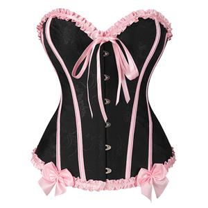 Vintage Style Black Bustier with Pink Ruffles & Lace-Up Front - Sweetheart Neckline Boned Corset Top N23811