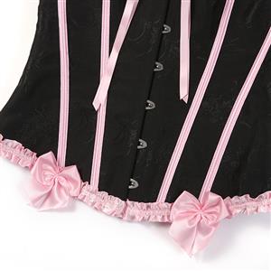 Vintage Style Black Bustier with Pink Ruffles & Lace-Up Front - Sweetheart Neckline Boned Corset Top N23811