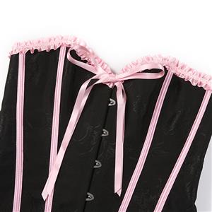 Vintage Style Black Bustier with Pink Ruffles & Lace-Up Front - Sweetheart Neckline Boned Corset Top N23811