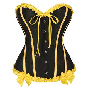Black Victorian-Style Corset with Yellow Satin Trim and Lace-Up Detail - Steampunk Gothic Bustier for Women N23809