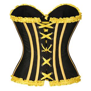 Black Victorian-Style Corset with Yellow Satin Trim and Lace-Up Detail - Steampunk Gothic Bustier for Women N23809