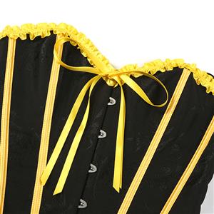 Black Victorian-Style Corset with Yellow Satin Trim and Lace-Up Detail - Steampunk Gothic Bustier for Women N23809