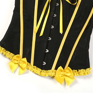 Black Victorian-Style Corset with Yellow Satin Trim and Lace-Up Detail - Steampunk Gothic Bustier for Women N23809
