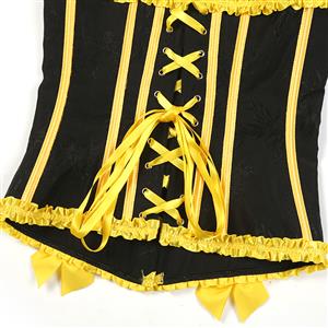 Black Victorian-Style Corset with Yellow Satin Trim and Lace-Up Detail - Steampunk Gothic Bustier for Women N23809