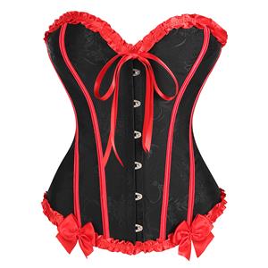 Victorian-Style Gothic Bustier with Red Lace Trim - Black Sweetheart Corset Top with Metallic Buckle N23810