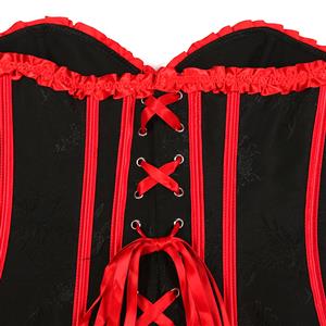 Victorian-Style Gothic Bustier with Red Lace Trim - Black Sweetheart Corset Top with Metallic Buckle N23810