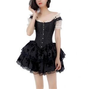 Gothic 14 Plastic Bone Overbust Corset And White Ruched Ruffled Crop Top Mini Skirt Set N22377