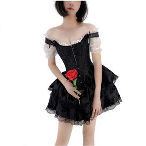 Gothic 14 Plastic Bone Overbust Corset And White Ruched Ruffled Crop Top Mini Skirt Set N22377