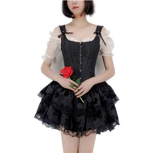 Gothic 14 Plastic Bone Overbust Corset And White Ruched Ruffled Crop Top Mini Skirt Set N22377