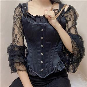 Gothic Wide Straps 14 Steel Bone Overbust Corset and Off-shoulder Lace Layered Ruffle Blouse N21924