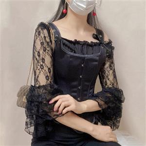 Gothic Wide Straps 14 Steel Bone Overbust Corset and Off-shoulder Lace Layered Ruffle Blouse N21924