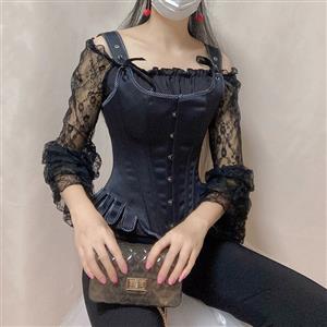 Gothic Wide Straps 14 Steel Bone Overbust Corset and Off-shoulder Lace Layered Ruffle Blouse N21924