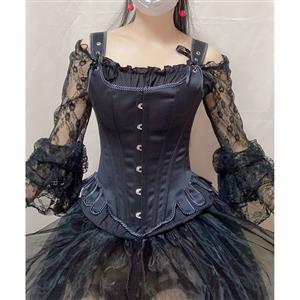Gothic 14 Steel Bone Overbust Corset and Off-shoulder Lace Ruffle Blouse Organza Skirt Set N21925