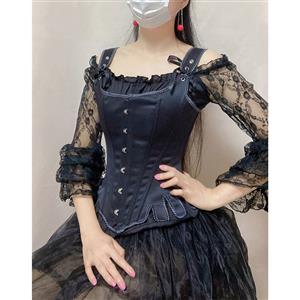 Gothic 14 Steel Bone Overbust Corset and Off-shoulder Lace Ruffle Blouse Organza Skirt Set N21925