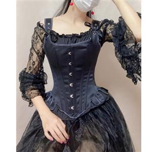 Gothic 14 Steel Bone Overbust Corset and Off-shoulder Lace Ruffle Blouse Organza Skirt Set N21925