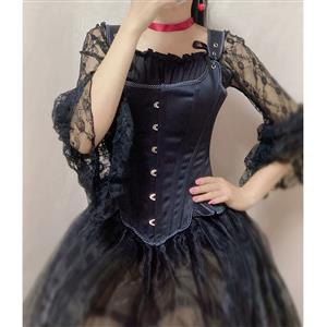 Gothic 14 Steel Bone Overbust Corset and Off-shoulder Lace Ruffle Blouse Organza Skirt Set N21925