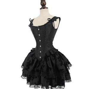 Gothic Black 14 Plastic Bones Wide Straps Overbust Corset With Black Mini Skirt N22376