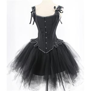 Gothic Black 14 Steel Bones Wide Straps Overbust Corset with Multi-layered Mesh Tutu Skirt N21920