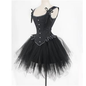 Gothic Black 14 Steel Bones Wide Straps Overbust Corset with Multi-layered Mesh Tutu Skirt N21920