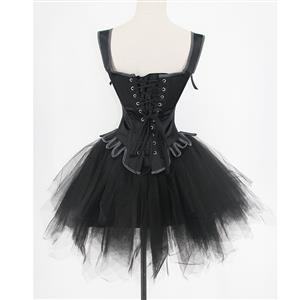 Gothic Black 14 Steel Bones Wide Straps Overbust Corset with Multi-layered Mesh Tutu Skirt N21920