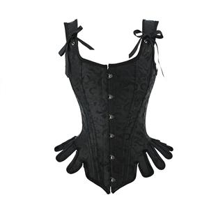 Gothic Black Wide Shoulder Straps 14 Plastic Bones Wavy Hem Waist Cincher Overbust Corset N22374