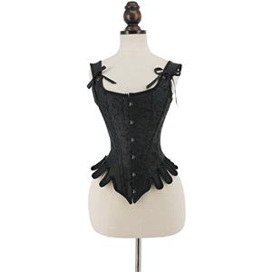 Gothic Black Wide Shoulder Straps 14 Plastic Bones Wavy Hem Waist Cincher Overbust Corset N22374