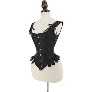 Gothic Black Wide Shoulder Straps 14 Plastic Bones Wavy Hem Waist Cincher Overbust Corset N22374