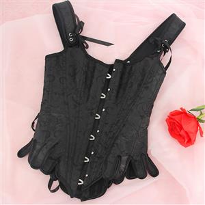 Gothic Black Wide Shoulder Straps 14 Plastic Bones Wavy Hem Waist Cincher Overbust Corset N22374