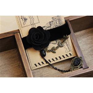 Gothic Black Wristband Rose Embellished Bracelet with Ring J18062