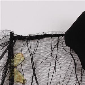 Retro Black Lapel See-through Mesh Yellow Butterfly Flare Sleeve Stitching A-line Dress N22461