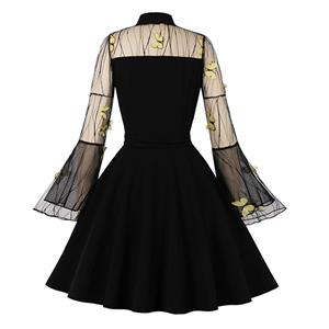 Retro Black Lapel See-through Mesh Yellow Butterfly Flare Sleeve Stitching A-line Dress N22461