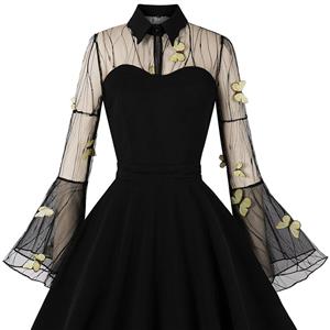 Retro Black Lapel See-through Mesh Yellow Butterfly Flare Sleeve Stitching A-line Dress N22461