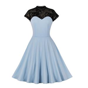 Vintage Blue Floral See-through Flying Sleeve Stitching A-line Dress N22744