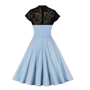 Vintage Blue Floral See-through Flying Sleeve Stitching A-line Dress N22744